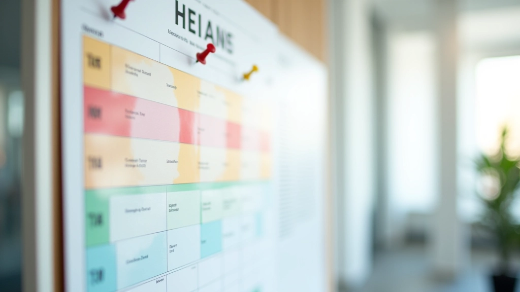 Farbiges Jahresplakat mit Quartalen aufgeteilt und Markierungen für Meilensteine