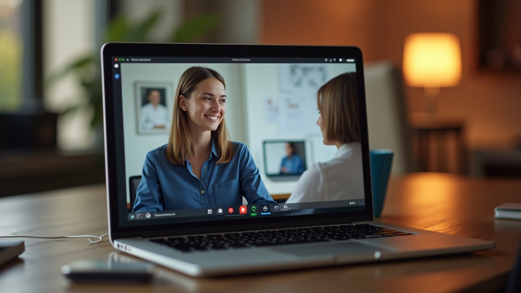 Laptop-Bildschirm mit einer Videoanruf-Konversation zwischen zwei Menschen, die gemeinsam an Zielen arbeiten