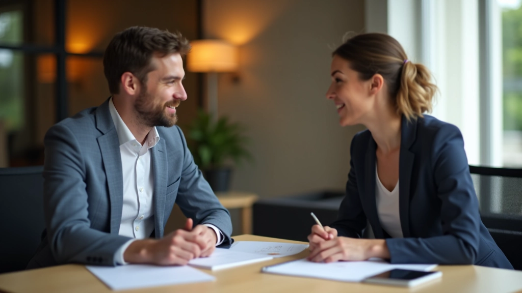 Zwei Menschen sitzen sich beim Workshop gegenüber und diskutieren ihre Ziele mit Arbeitsunterlagen