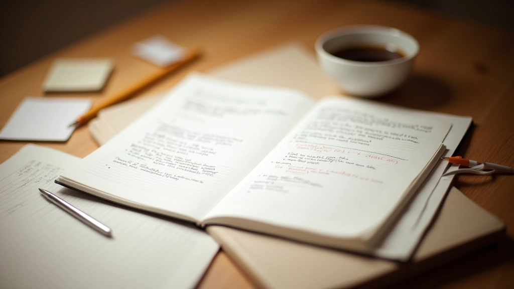 Offenes Notizbuch mit handgeschriebenen Listen und Fragen auf Schreibtisch