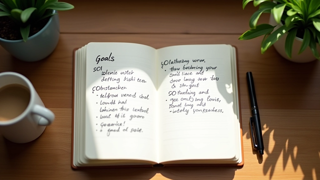 Offenes Tagebuch mit handschriftlichen Notizen auf einem Schreibtisch mit Kaffeetasse
