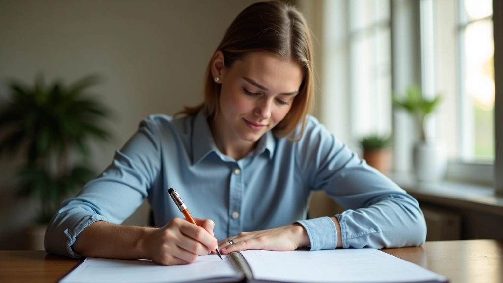 Person sitzt am Schreibtisch mit Notizbuch und plant ihre Jahresziele auf einem großen Kalender
