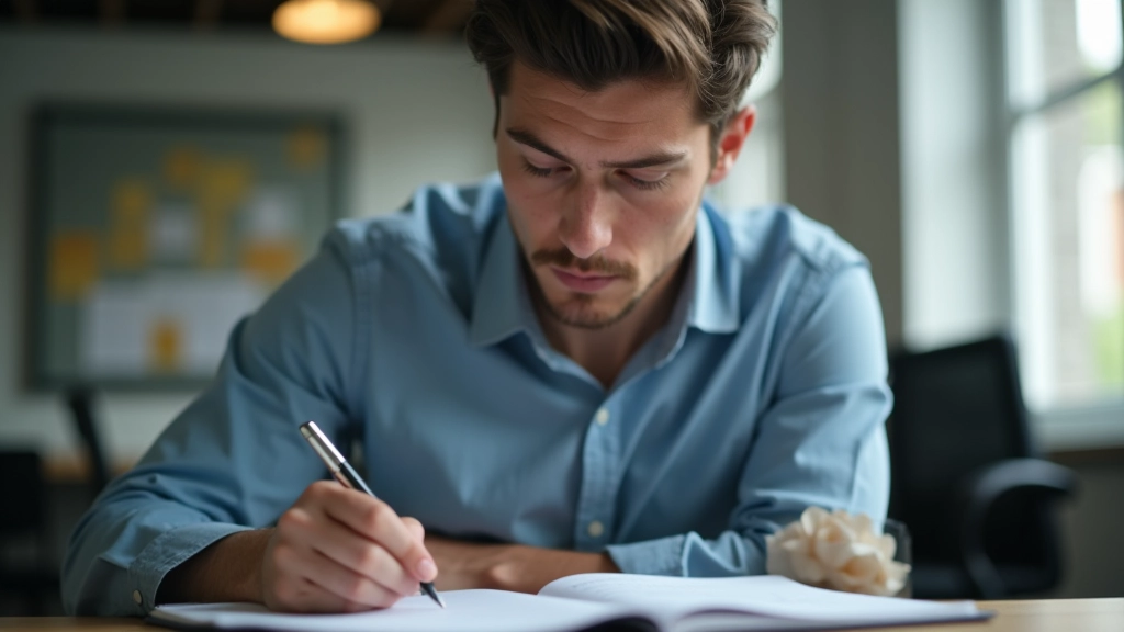Person arbeitet konzentriert an Zielsetzungsworkshop mit Notizbuch und Stift am Schreibtisch