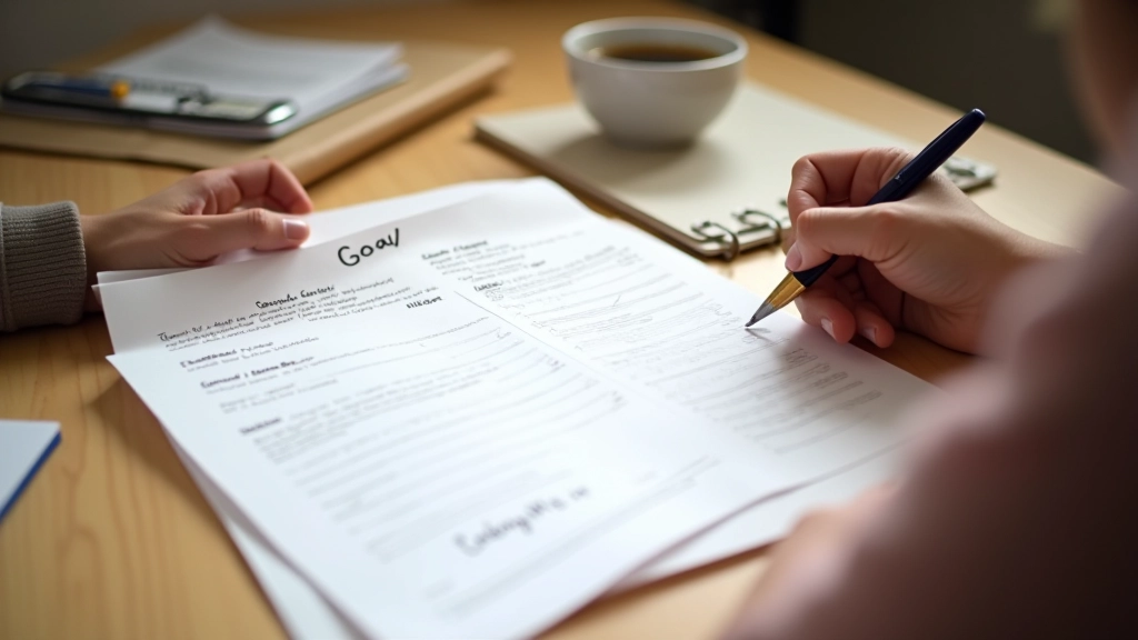 Ausgedruckte Zielvorlage mit handschriftlichen Eintragungen auf hölzernem Schreibtisch mit Kaffee