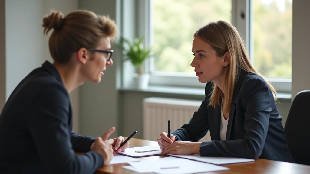 Zwei Personen sitzen sich an einem Tisch gegenüber mit Notizblöcken und Stiften, in konzentriertem Gespräch