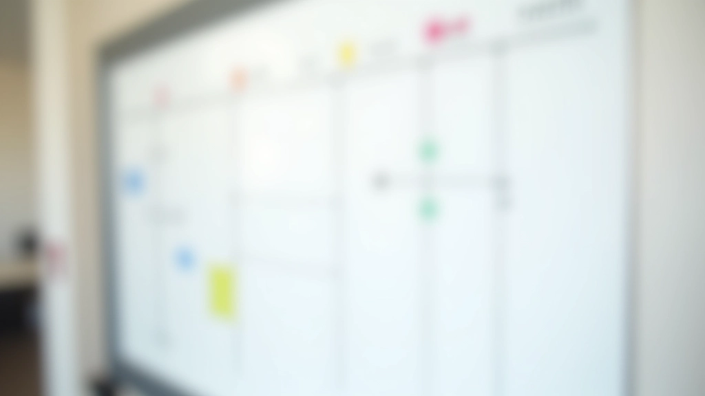 Whiteboard mit aufgeteiltem Jahresplan in vier Quartalsmeilensteine mit Farbmarkierungen