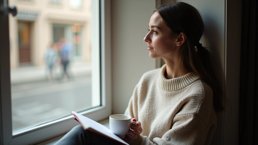 Person sitzt mit Notizbuch und Tasse am Fenster und überlegt nachdenklich