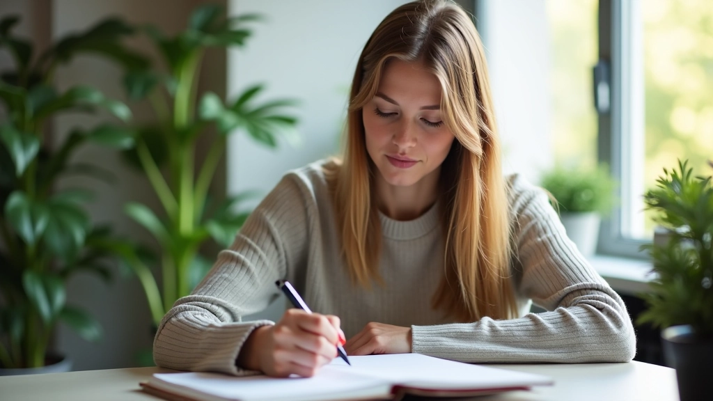 Frau schreibt Ziele in Notizbuch, konzentrierter Blick, helles Büro mit Pflanzen
