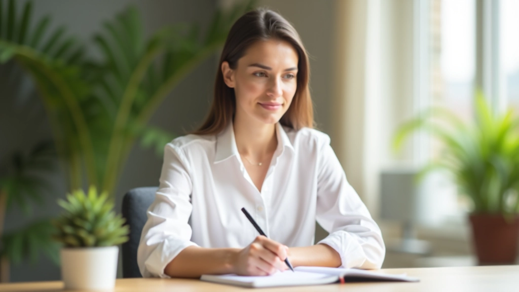 Frau sitzt am Schreibtisch und schreibt in ein Tagebuch mit Konzentration
