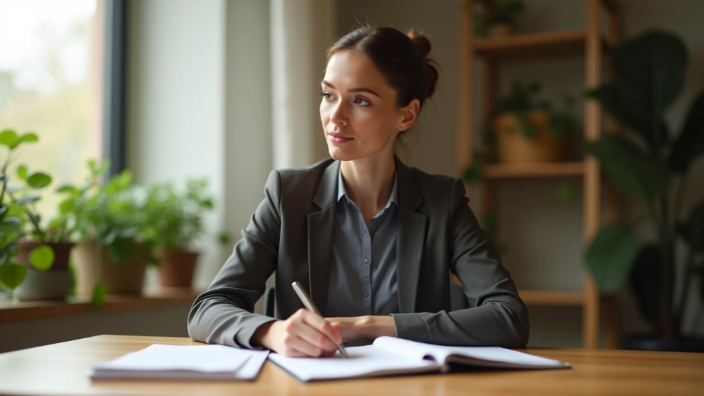 Person sitzt am Schreibtisch mit Notizbuch und plant ihre Jahresziele mit strukturiertem Ansatz